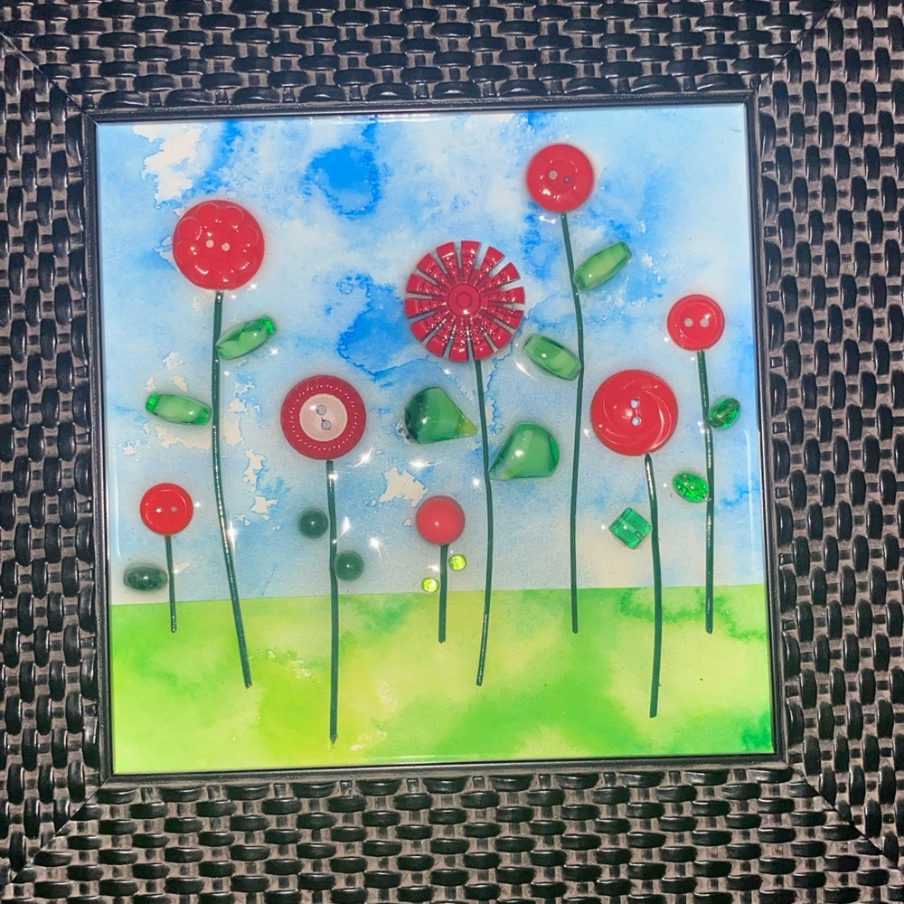 Kim Amati Original Button Flower Garden‎ Mixed Media Framed Art